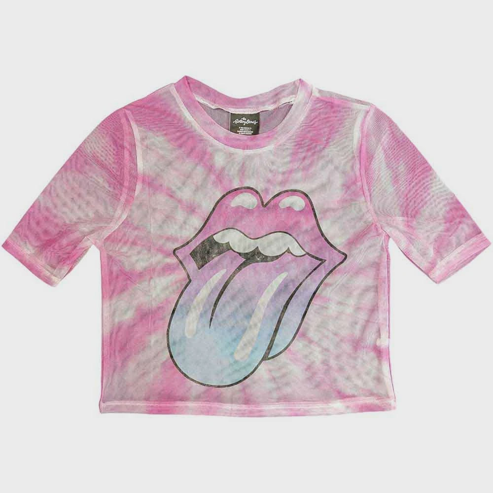 Rolling Stones Ladies Mesh Crop Top: Pink Tongue (White)
