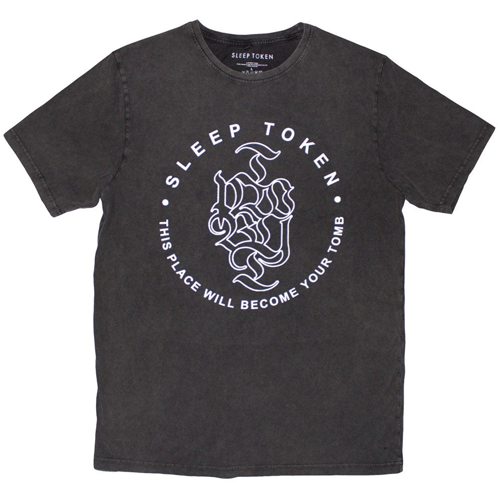 SLEEP TOKEN UNISEX STONE WASH T-SHIRT: TOMB TEXT RING (CHARCOAL GREY)