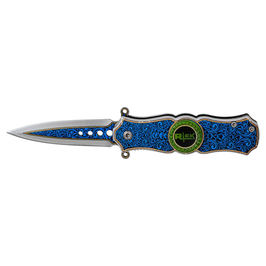 3.5" RTEK Fidget Spinner Spear Point Spring Assist Pocket Knife - Blue