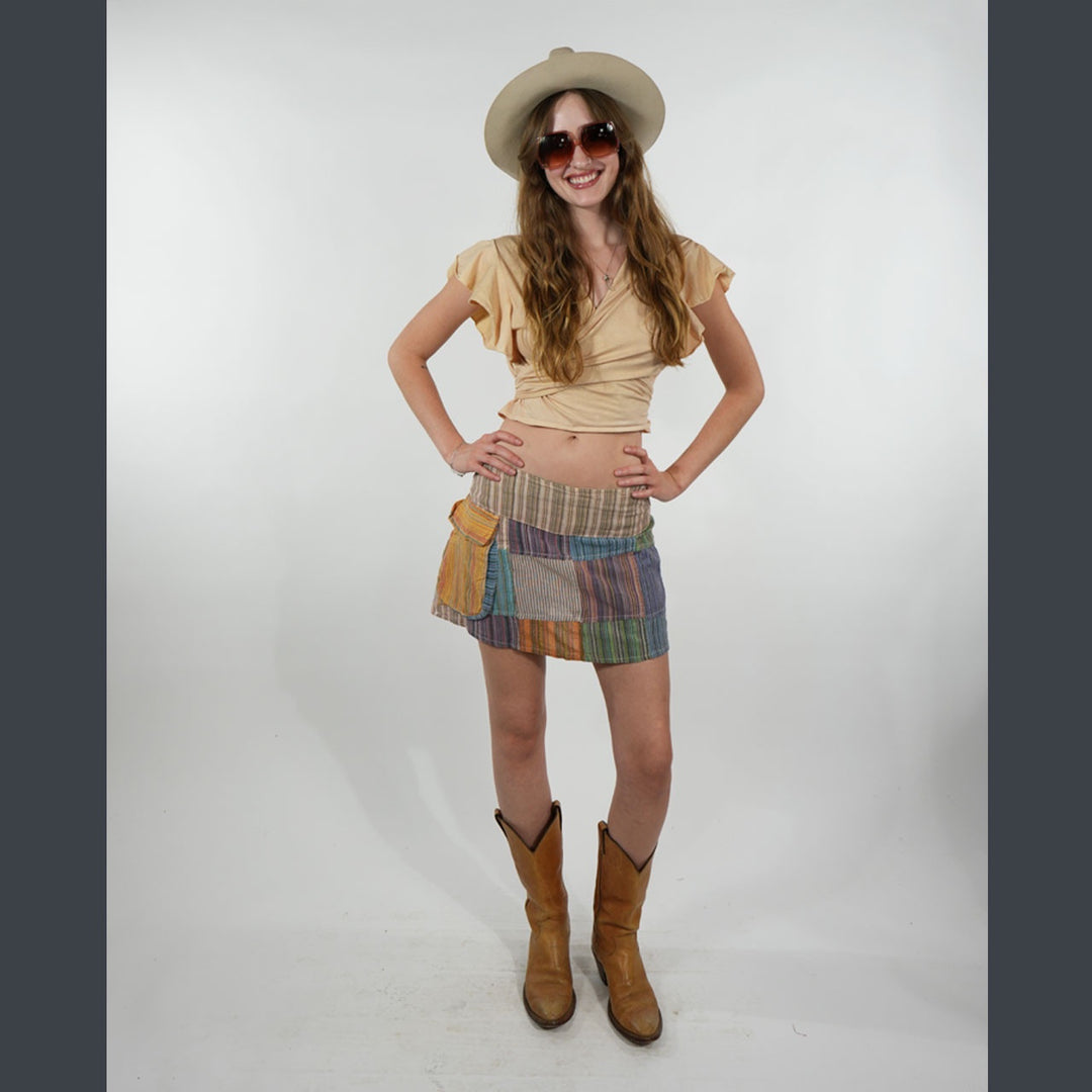 HEY JUDE MINI SKIRT Cotton Striped Patchwork Flat Front Back Elastic Mini Skirt