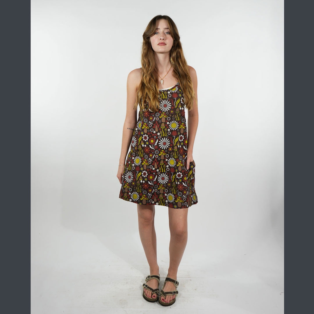 Cotton Spandex Groovy All Over Mushroom Print Adjustable Spaghetti Strap