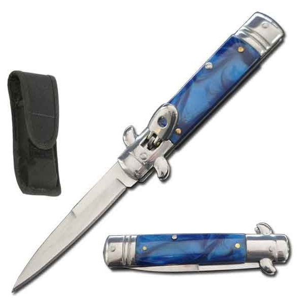 7.75" Automatic Switchblade Lever Lock Knife - Blue Pearl Handle