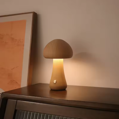 LED Night Light with Touch Switch Wooden Cute Mushroom Bedside Table Lamp