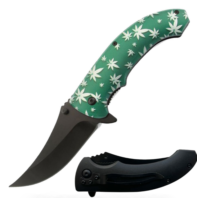 8" Cannabis Marijuana Leaf Spring Assisted Open Folding Pocket Knife Green