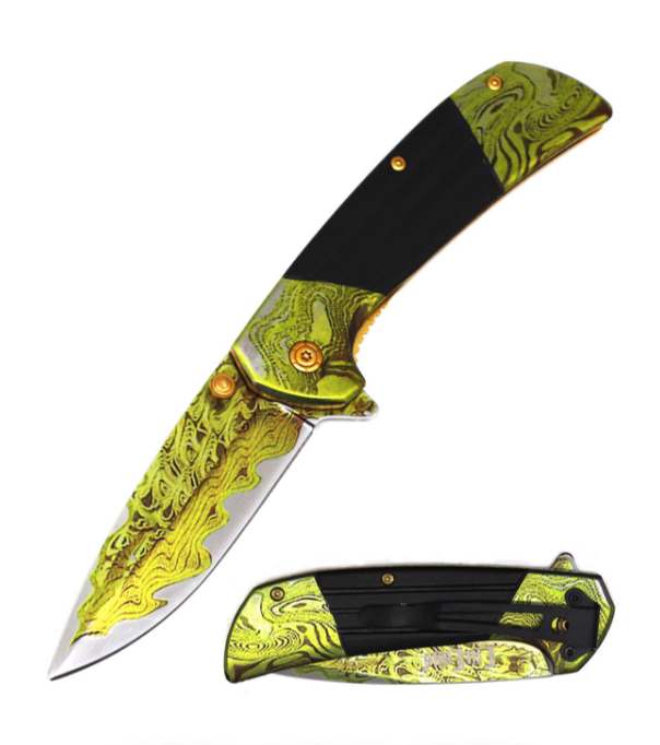 Golden Damascus Finished Spring Assisted Folding Knife