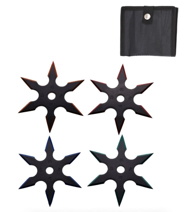 4 Pc Set Ninja Six Point Sure Stick Throwing Stars Shuriken Knife Blade