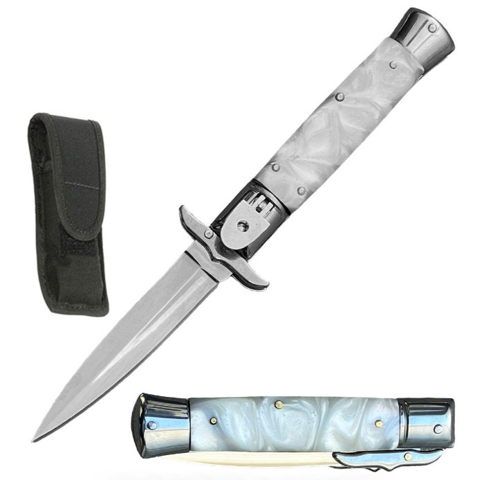 8.25" White Pearl Handle Automatic Lever Lock Stiletto Knife