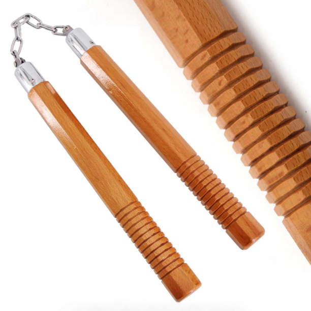 12" Natural Wood Brown Octagon Nunchaku with Grip