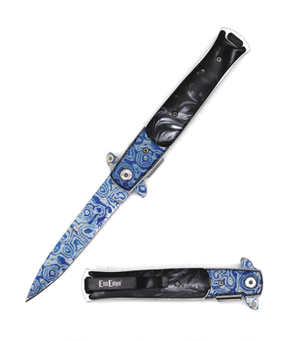 5" Stiletto Style Damascus Steel Spring Assist Knife with Black Pearl Handle