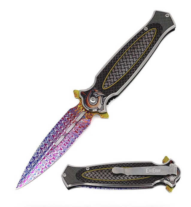 8.25" Rainbow Damascus Etch Style Dirk Dagger Spring Assist Pocket Knife