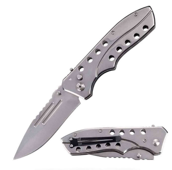 5.35" Closed Silver Switchblade Automatic Clip Point Blade Knife