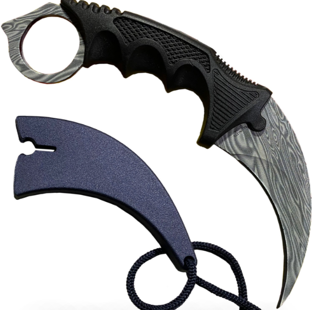 7.6" Damascus Pattern Combat Tactical CSGO Karambit Neck Knife w Sheath