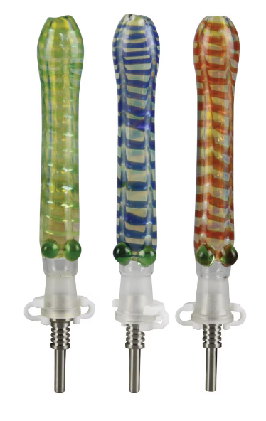 Raked Stripes Glass Dab Straw | Titanium Tip | 6" | Colors Vary