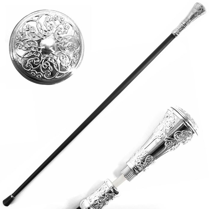 36" Silver Flower Pattern Knob Deluxe Steel Cane Sword