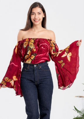 Butterfly Print Bell Sleeves Off Shoulder Crop Top
