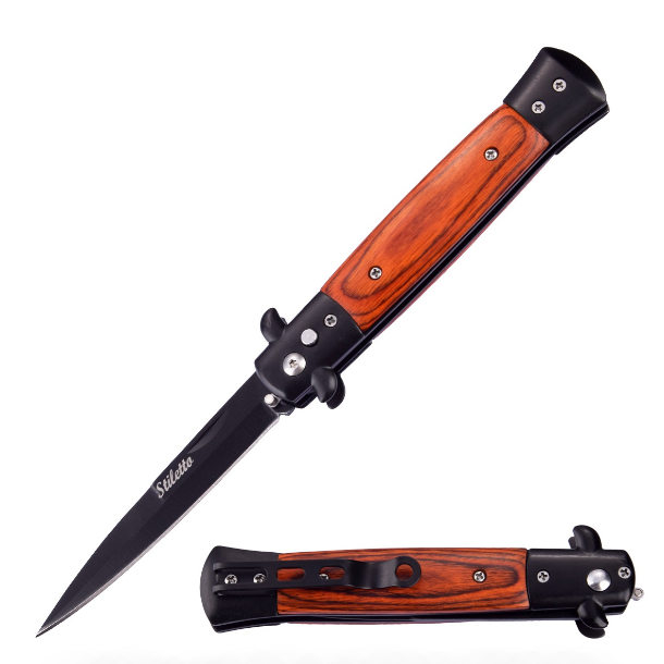 5" Closed Classic Stiletto Automatic Switch Blade Knife - Pakkawood Handle