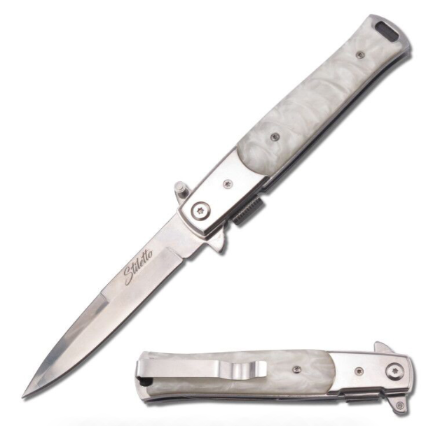 5" Closed Stiletto Style Spring Assist Knife with White Pearl Handle