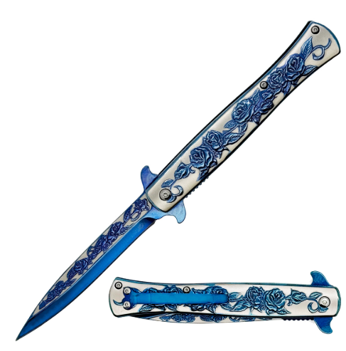 9" Luxury Blue Rose Design Spring Assisted Open Folding Pocket Knife