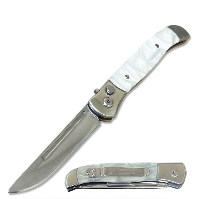 4.5" Closed Everyday Carry Clip Point Auto Switchblade Knife White Pearl