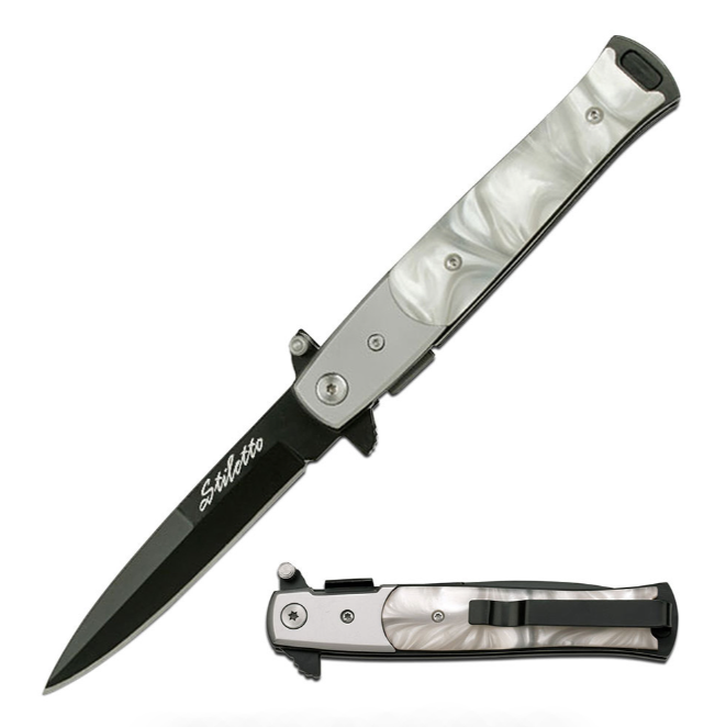 5" Stiletto Style Spring Assist Knife with White Pearl Handle