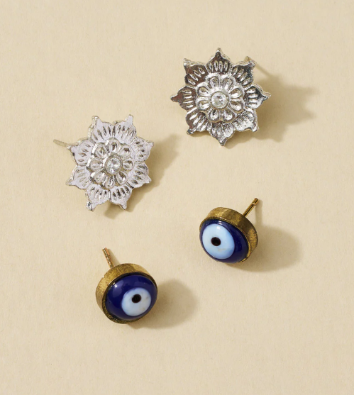 Drishti Evil Eye Charm Stud Earrings - Set of 2