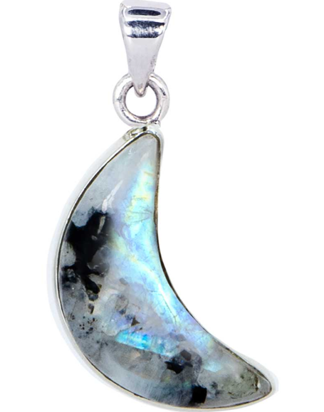 Sterling Silver Moon Pendant - Rainbow Moonstone
