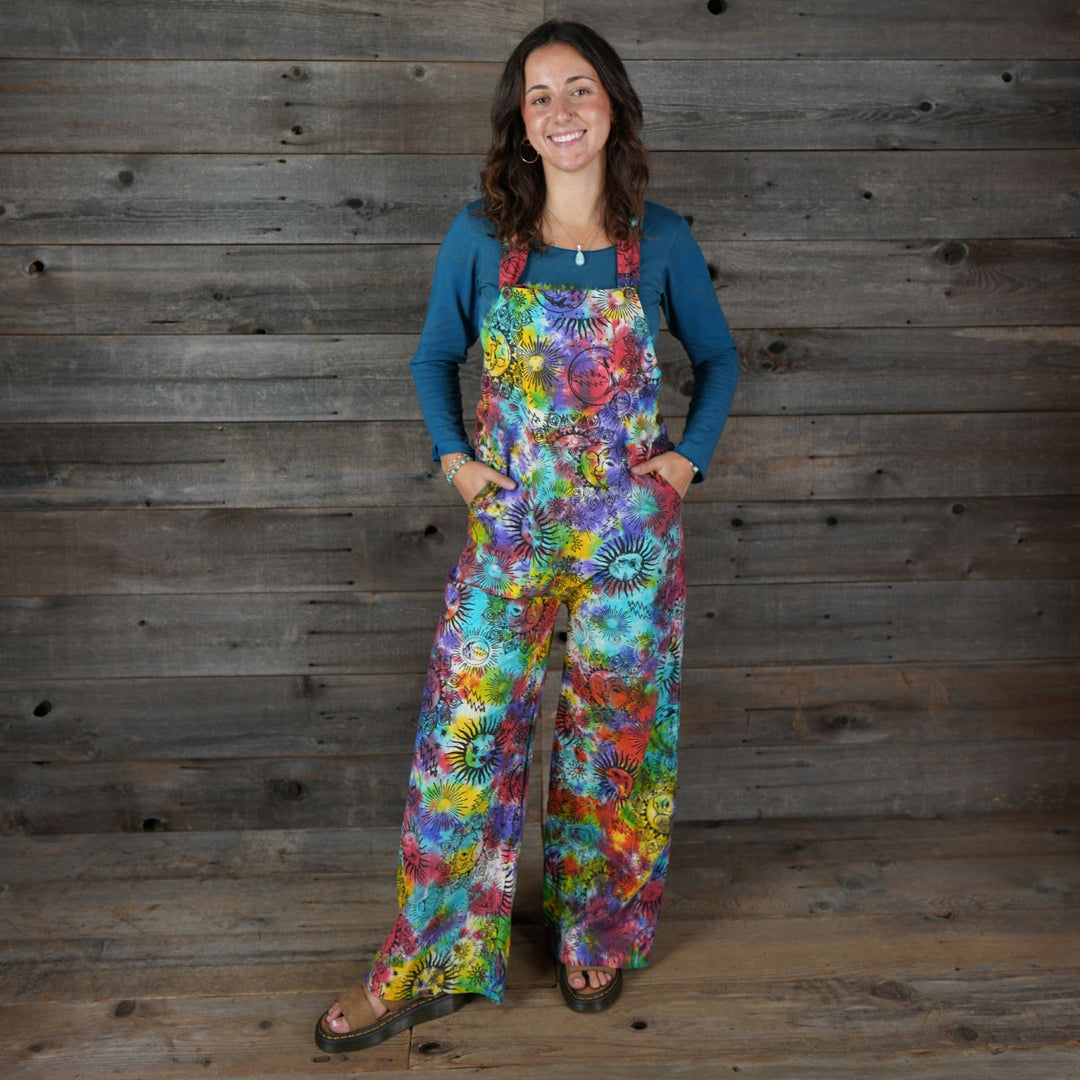 WANG DANG DOODLE OVERALLS Cotton Rainbow Tie Dye 5 Pocket Overalls w/ Grateful Dead & Sunshine Design Print