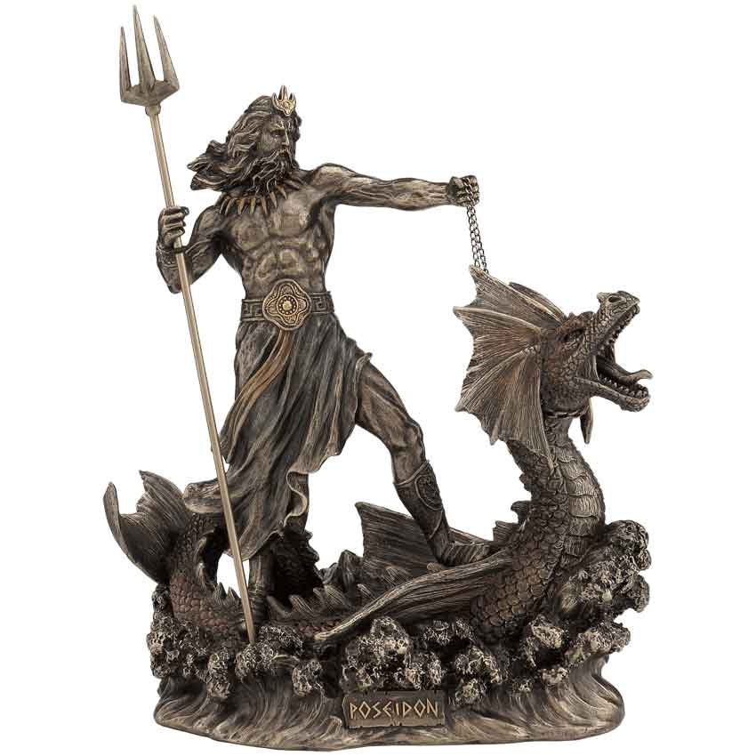 Unicorn Studio - Poseidon Greek Sea God w/Trident & Riding Sea Serpent Statue