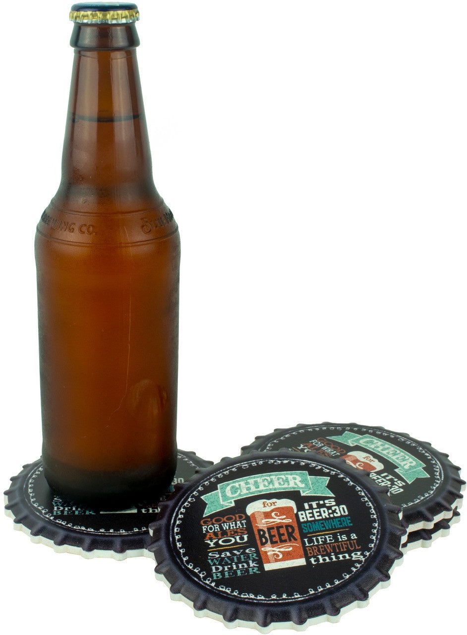 Cheer For Beer Pack of 4 Moisture Absorbing Ceramic Coasters For Beer Lovers With Cork Base