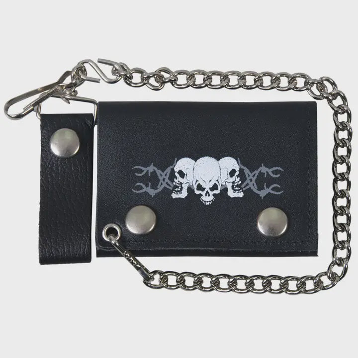 Hot Leathers - Barbed Wire Skulls Black Leather Chain Wallet 4361