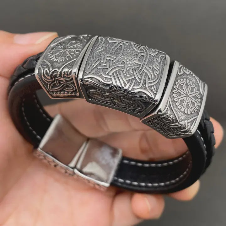 Viking/Celtic Knot Charm Stainless Steel Leather Bracelet