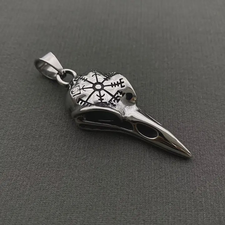 Stainless Steel Viking Vegvísir Crow Skull Pendant