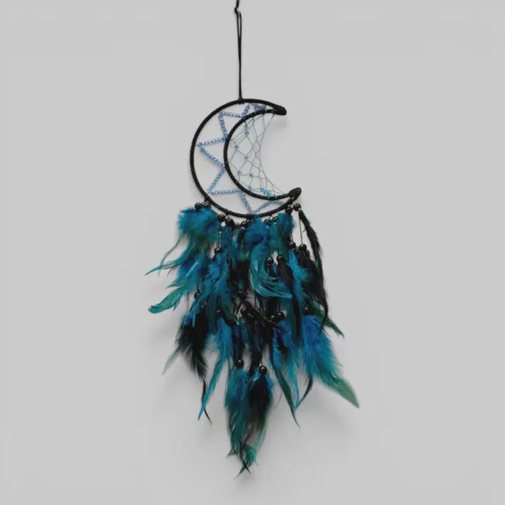 Black & Blue Crescent Moon Boho Dreamcatcher - Small