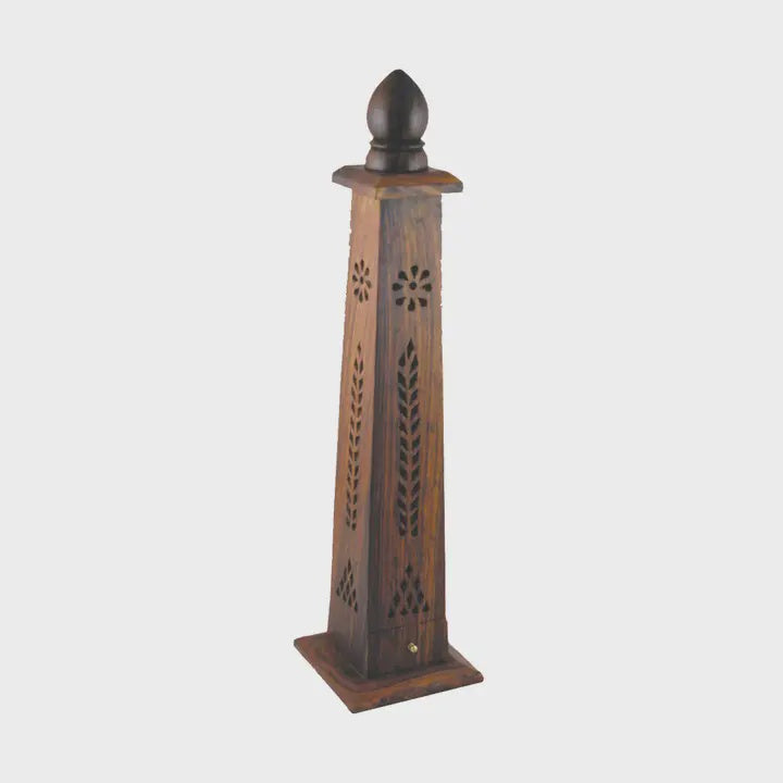 Hand Carved Wooden Incense Burner Tower - Tapered Flower A