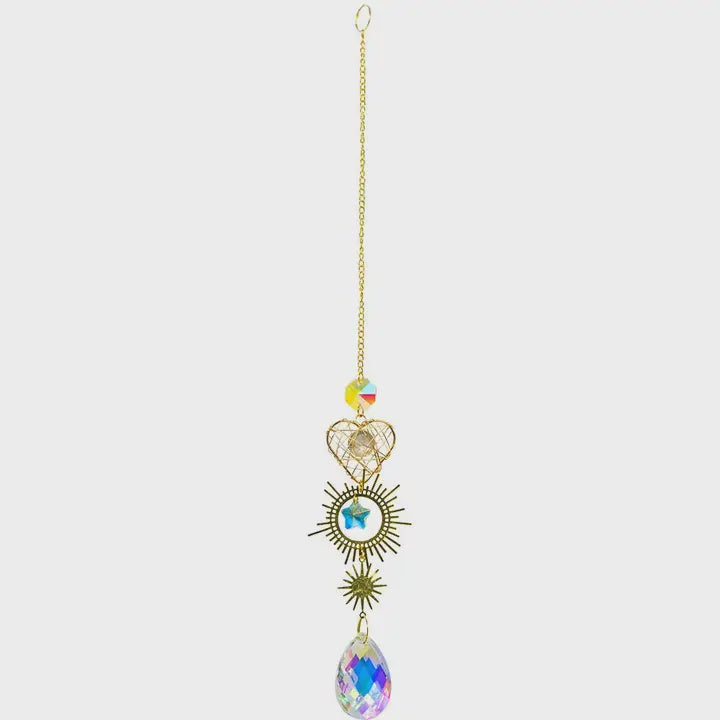 Hanging Crystal Drop w/Heart & Sun Charms 62860