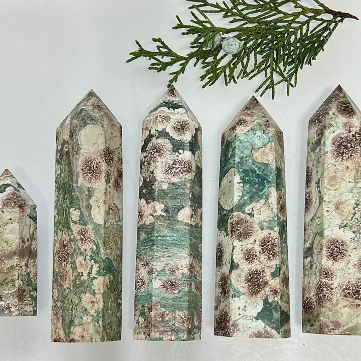 Natural Green Flower Jasper Obelisk