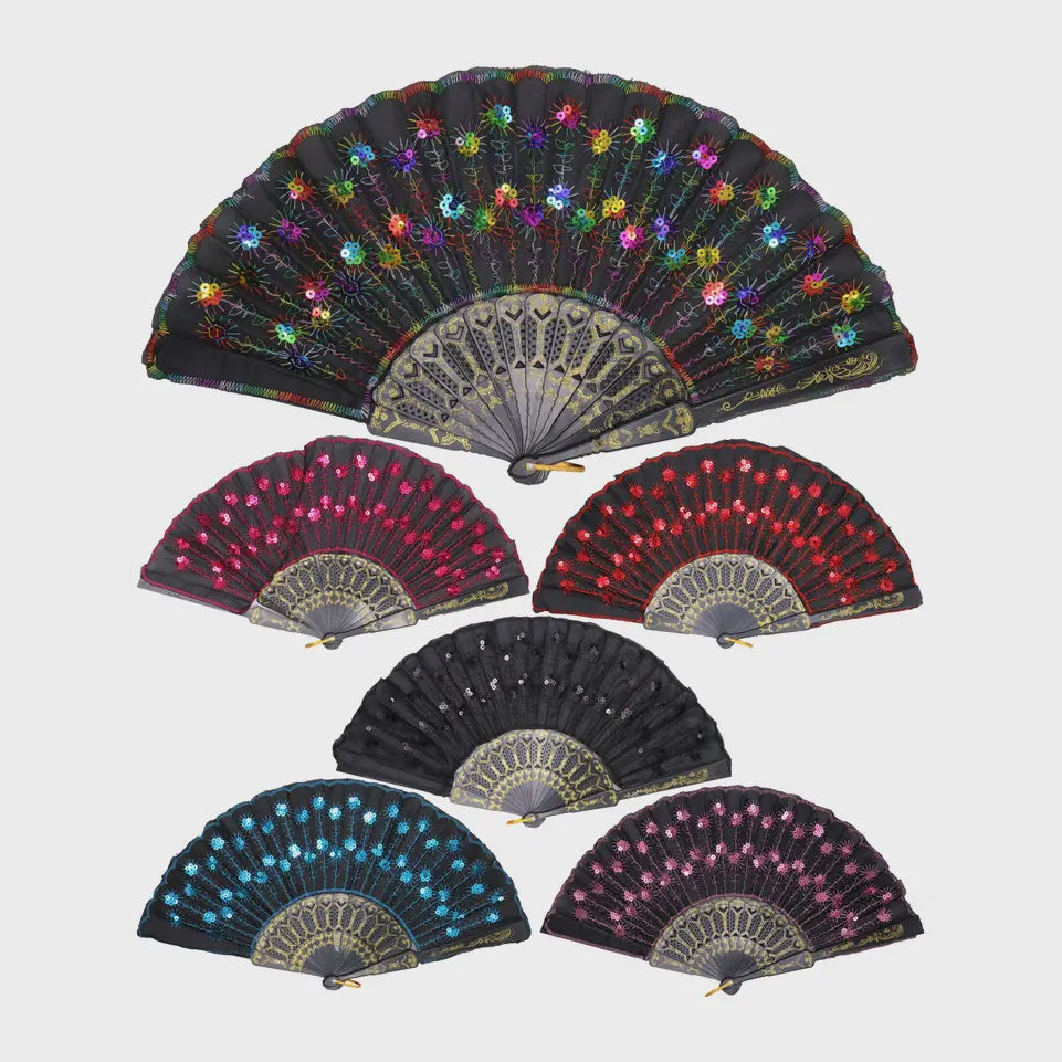 Black Floral Sequins Hand-Held Folding Fan