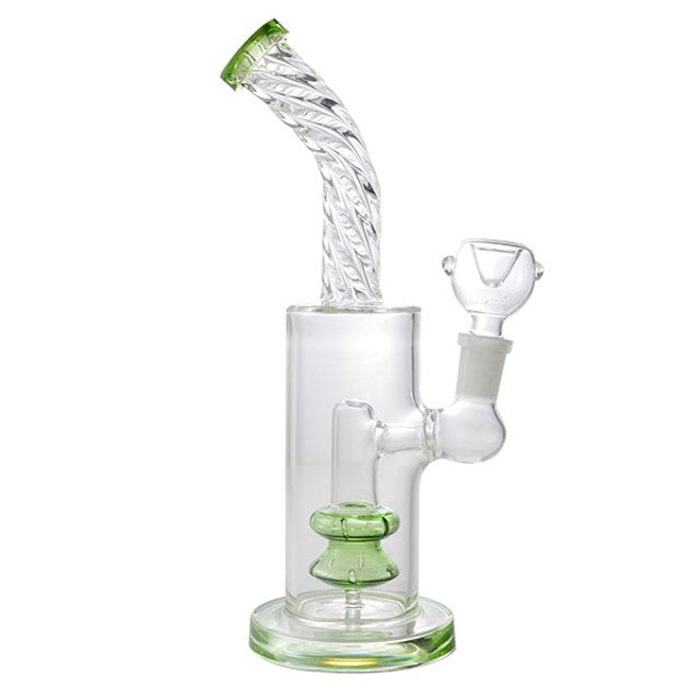 Glass Art - Watervase - 14mm - 9in - Banger Hanger - Twisted Neck w/ Stacked Showerhead Perc - Asst. Color Accents
