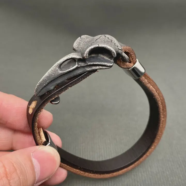 Stainless Steel Crow Skull & Cowhide Bracelet