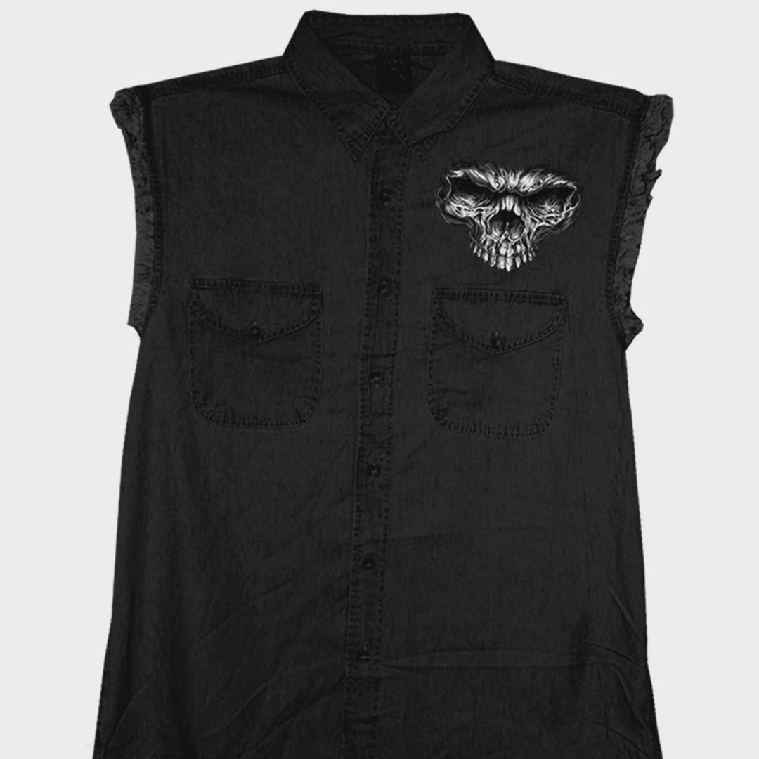 Shredder Skull Black Sleeveless Denim Vest