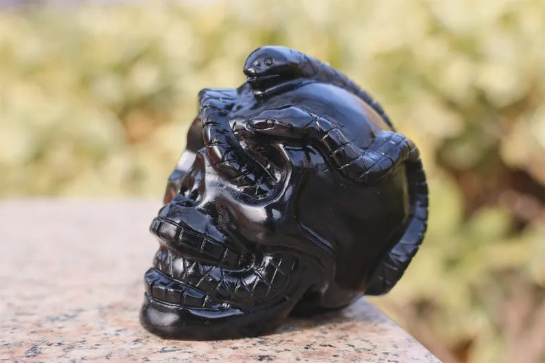 Natural Gemstone Crystal Skull & Snake