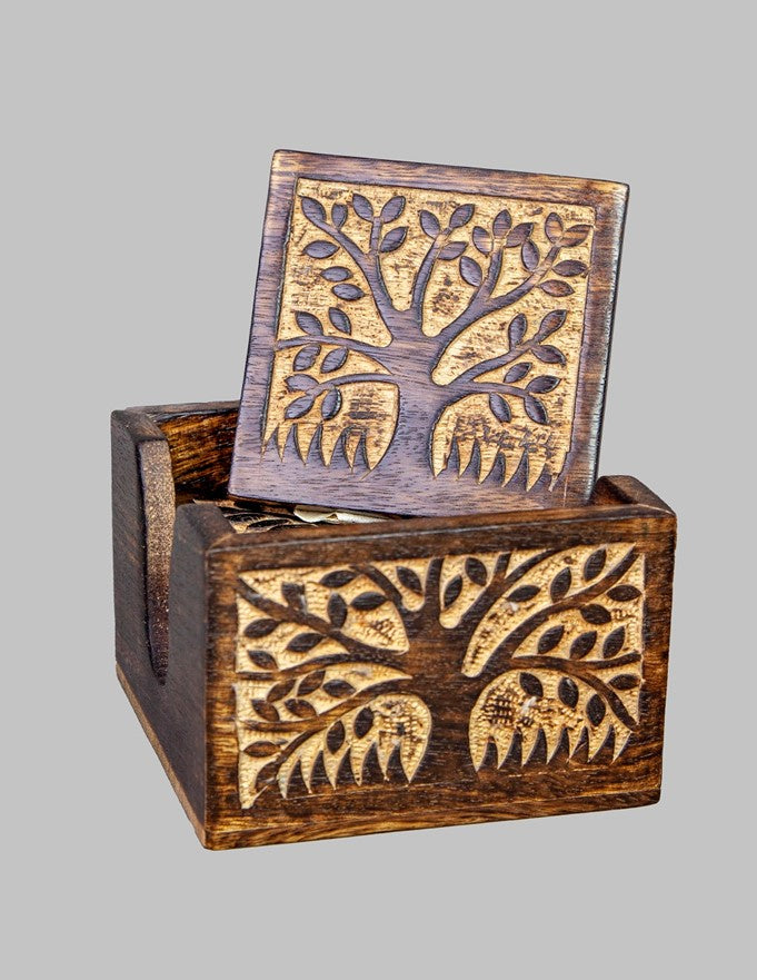 Wood Coaster Set With Tree Design