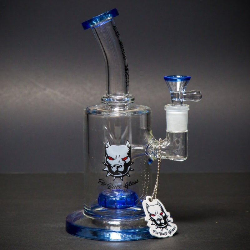 Pit Bull Glass 10" Waterpipe with Curved Neck and Blue Tire Disc Showerhead and Trim