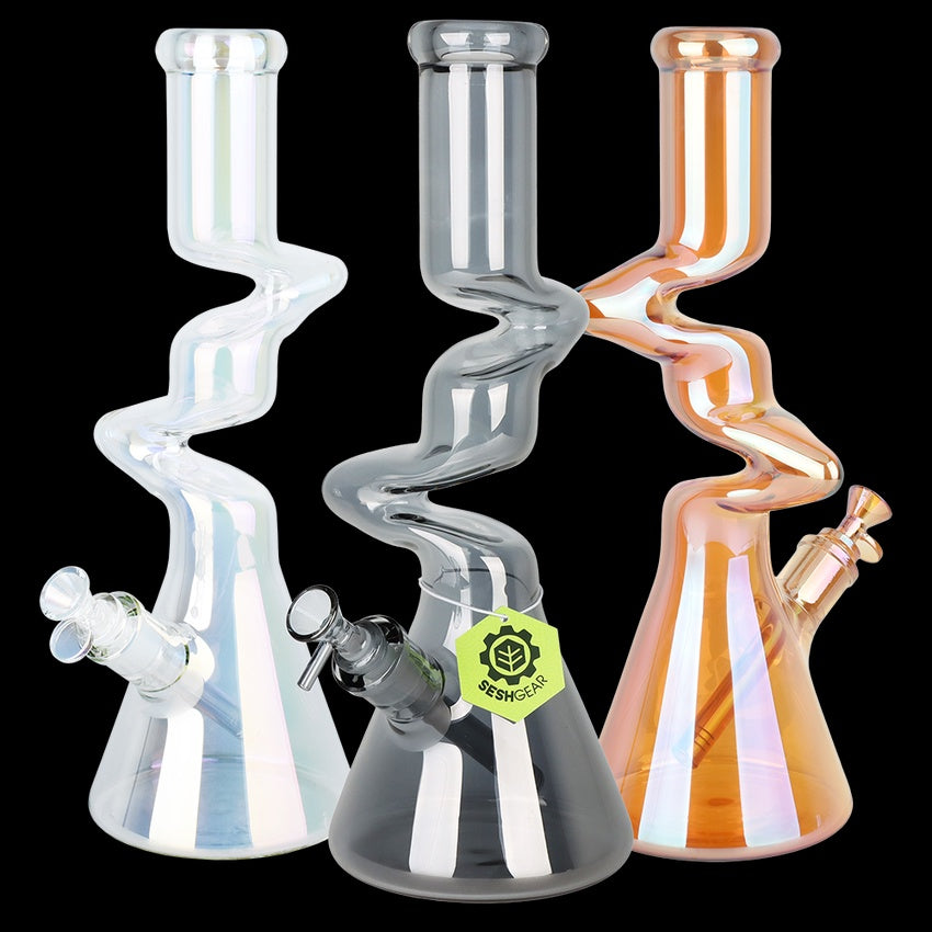 SeshGear Twisty Tunnel Electroplated Glass Water Pipe | 14.75" | 14mm F | Colors Vary
