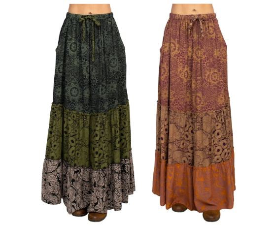 Tiered Lace Print Maxi Skirt