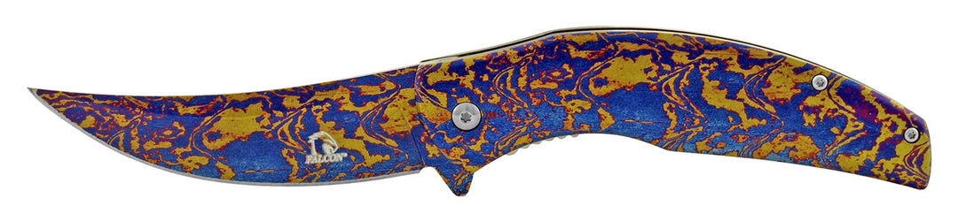 4.75" Full Metal Trailing Point Skinner Folding Pocket Knife - Blue and Gold