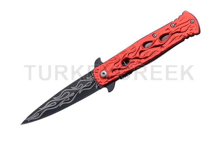 Snake Eye Biker Flame Spring Assist Knife - Red