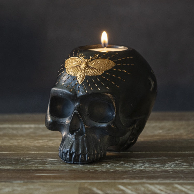 Pacific - Black Skull w/Gold Moth Tealight Holder