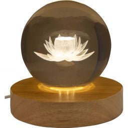 Glass Crystal Ball - 3D Laser Engraved w/ Wood LED Light Base - Lotus