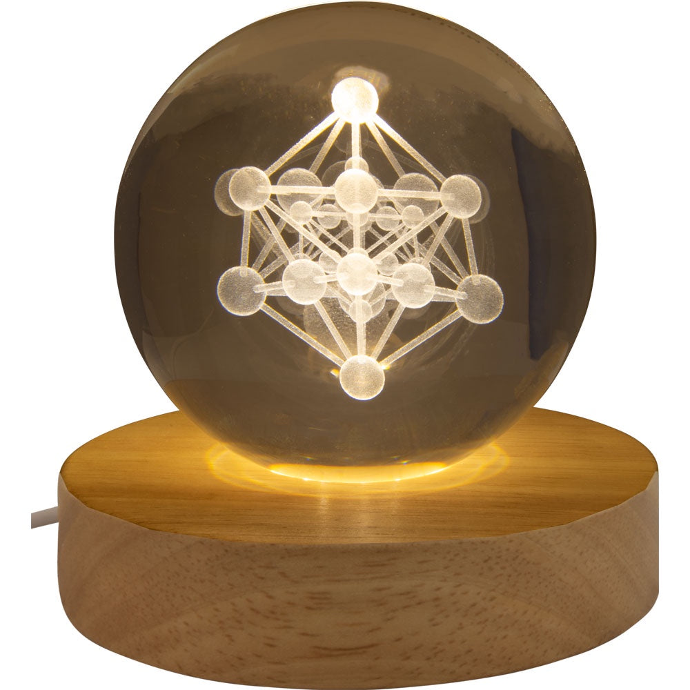 Glass Crystal Ball - 3D Laser Engraved w/ Wood LED Light Base - Metatron